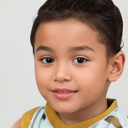 Joyful white child female with short  brown hair and brown eyes