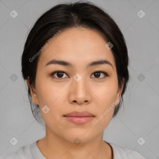 Neutral asian young-adult female with medium  brown hair and brown eyes