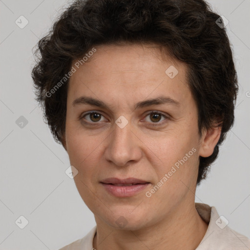 Joyful white adult female with short  brown hair and brown eyes