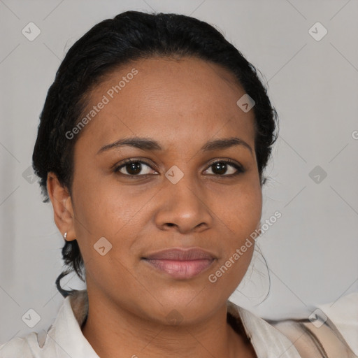 Joyful latino young-adult female with medium  brown hair and brown eyes