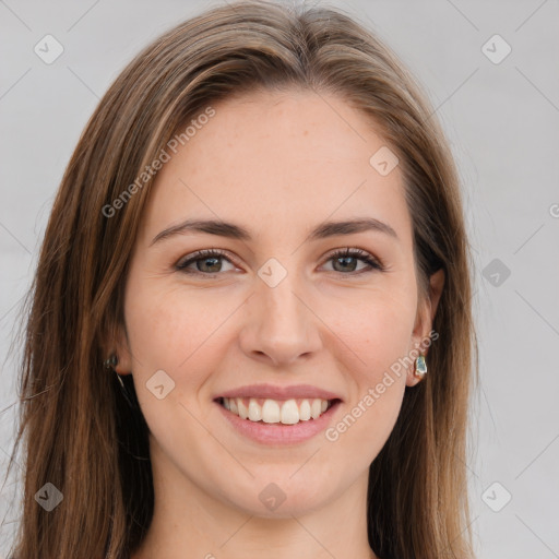 Joyful white young-adult female with long  brown hair and green eyes