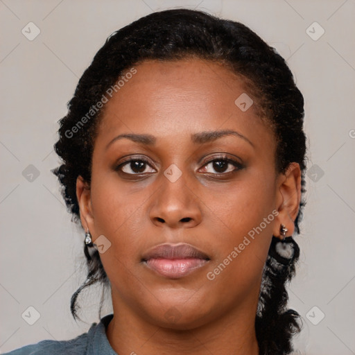 Neutral black young-adult female with medium  black hair and brown eyes