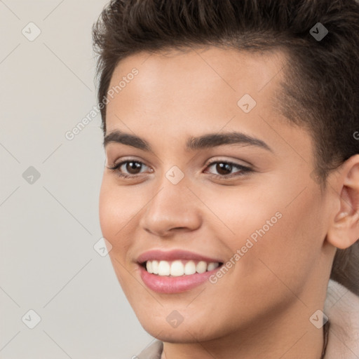 Joyful white young-adult female with short  brown hair and brown eyes