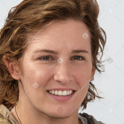 Joyful white young-adult female with medium  brown hair and blue eyes