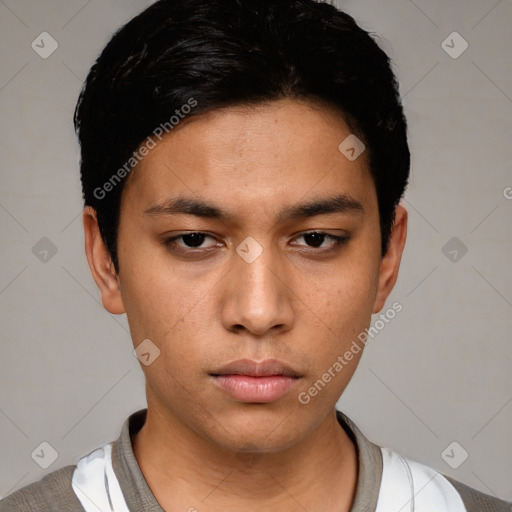 Neutral white young-adult male with short  black hair and brown eyes