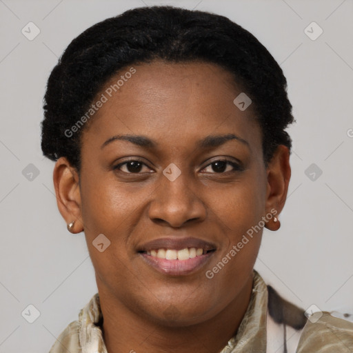 Joyful latino young-adult female with short  black hair and brown eyes