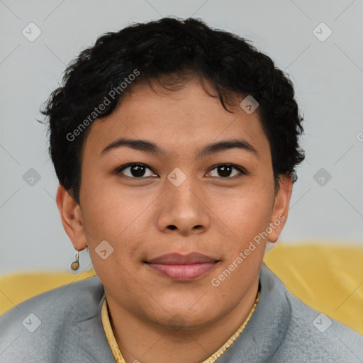 Joyful asian young-adult female with short  brown hair and brown eyes