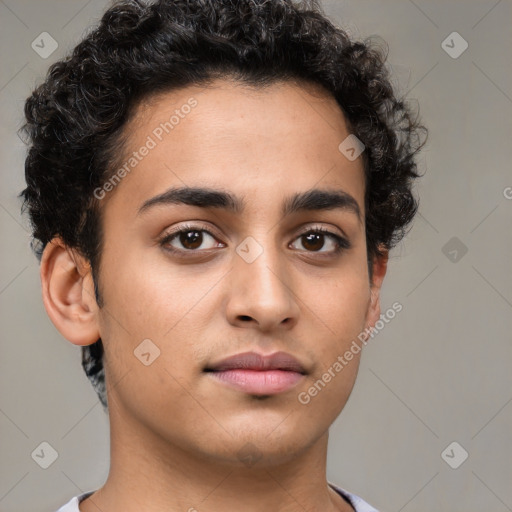 Neutral white young-adult female with short  brown hair and brown eyes