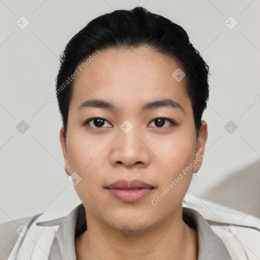 Neutral asian young-adult female with short  black hair and brown eyes