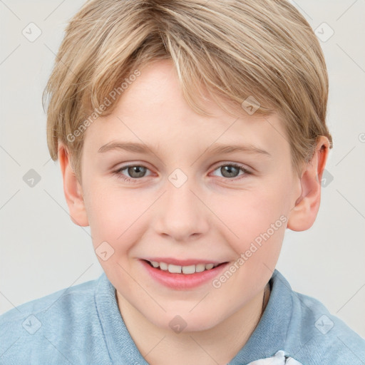 Joyful white child female with short  brown hair and blue eyes