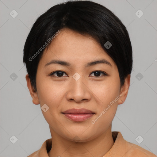 Joyful asian young-adult female with short  black hair and brown eyes