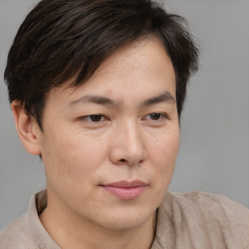 Neutral asian adult male with short  brown hair and brown eyes
