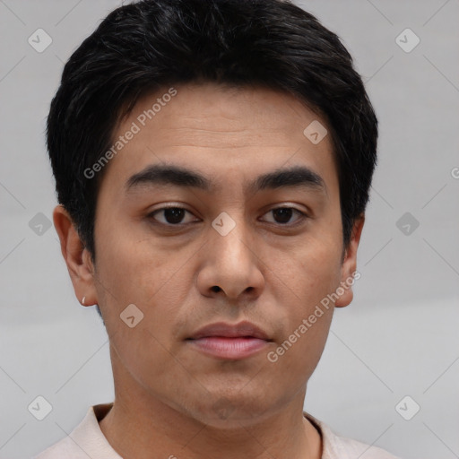 Neutral white young-adult male with short  black hair and brown eyes