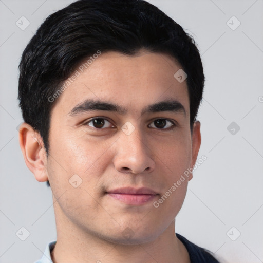 Neutral asian young-adult male with short  black hair and brown eyes