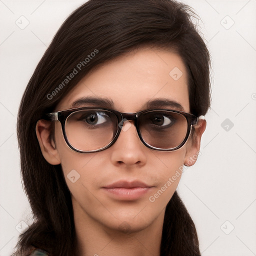 Neutral white young-adult female with long  brown hair and brown eyes