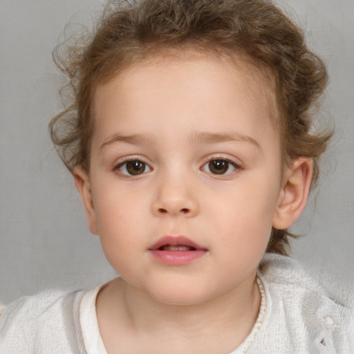 Neutral white child female with medium  brown hair and blue eyes