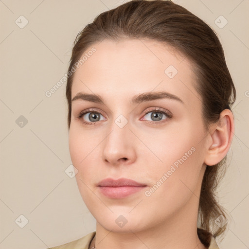 Neutral white young-adult female with long  brown hair and grey eyes