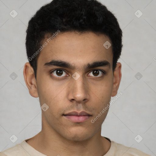 Neutral latino young-adult male with short  brown hair and brown eyes