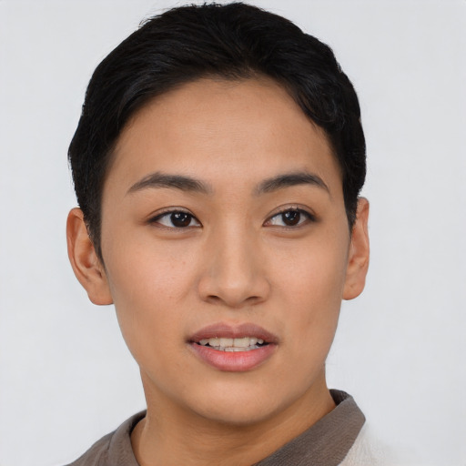 Neutral asian young-adult female with short  black hair and brown eyes