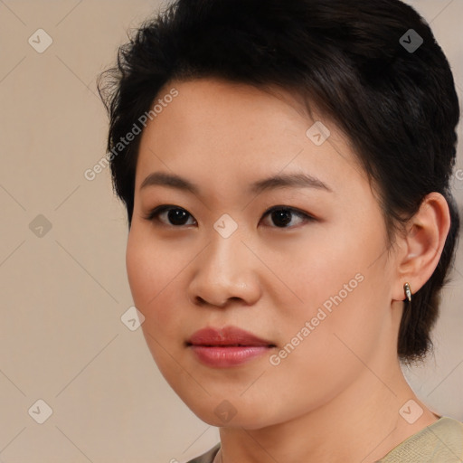 Neutral asian young-adult female with medium  brown hair and brown eyes