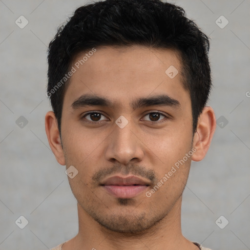 Neutral asian young-adult male with short  black hair and brown eyes