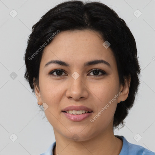 Joyful latino young-adult female with medium  black hair and brown eyes