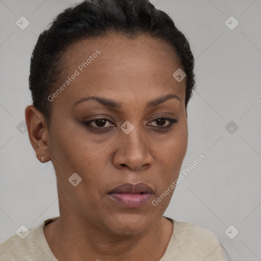 Neutral black young-adult female with short  brown hair and brown eyes