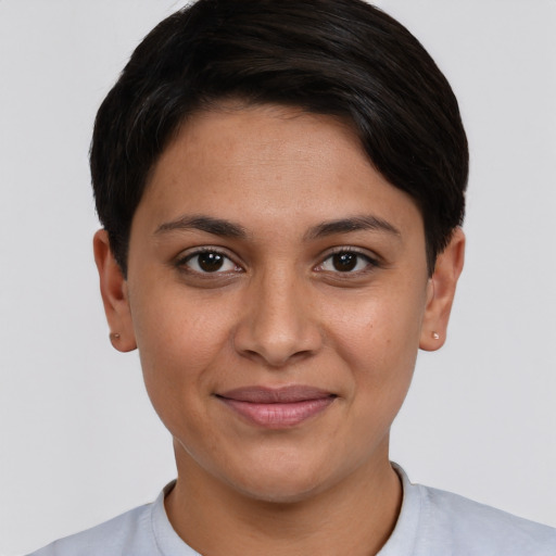 Joyful white young-adult female with short  brown hair and brown eyes