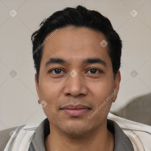 Joyful latino young-adult male with short  black hair and brown eyes