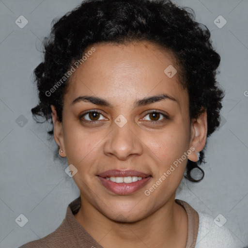 Joyful latino young-adult female with short  black hair and brown eyes