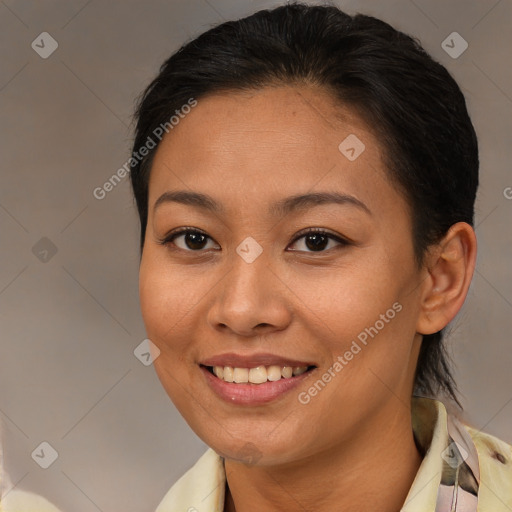 Joyful white young-adult female with medium  brown hair and brown eyes