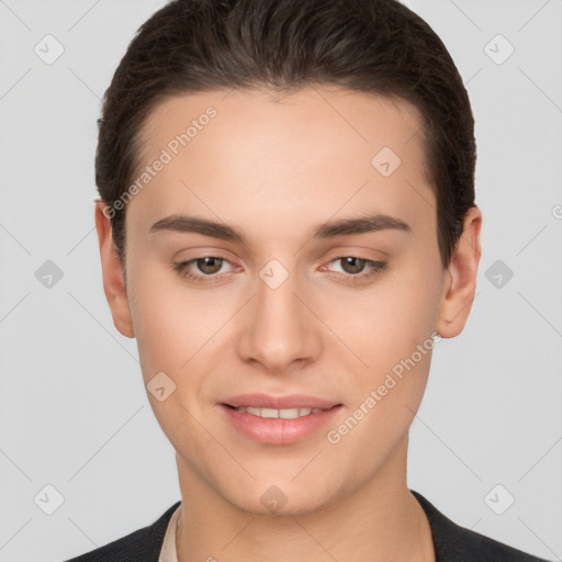 Joyful white young-adult female with short  brown hair and brown eyes