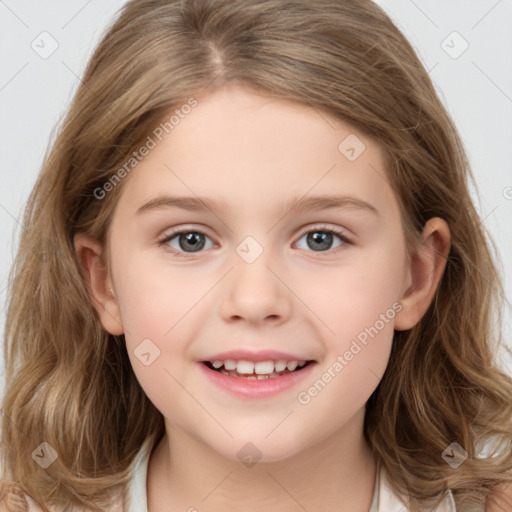 Joyful white child female with medium  brown hair and brown eyes