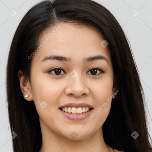 Joyful asian young-adult female with long  brown hair and brown eyes