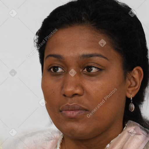 Neutral black young-adult female with short  black hair and brown eyes