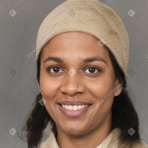 Joyful white young-adult female with medium  black hair and brown eyes