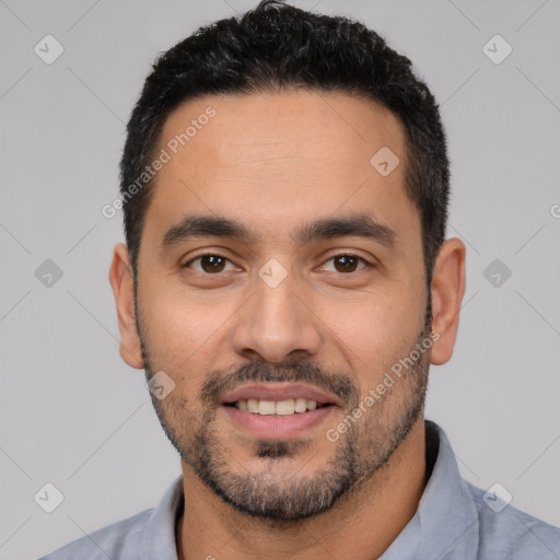 Joyful white young-adult male with short  black hair and brown eyes