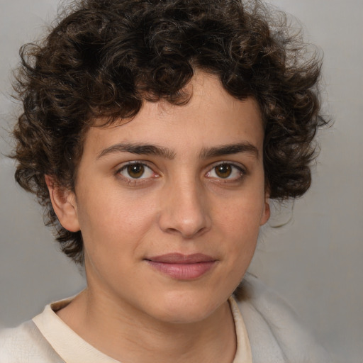 Joyful white young-adult male with medium  brown hair and brown eyes