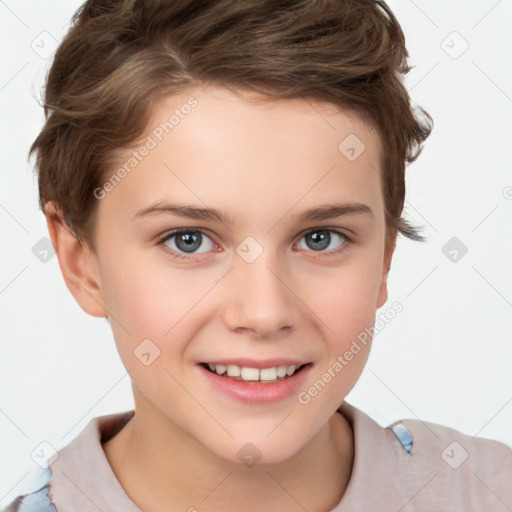 Joyful white child female with short  brown hair and brown eyes