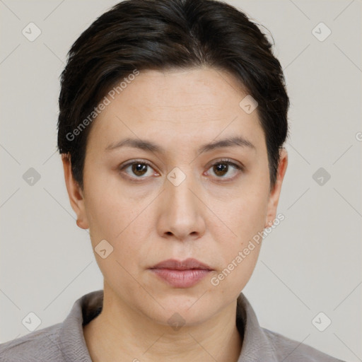 Neutral white young-adult female with short  brown hair and brown eyes