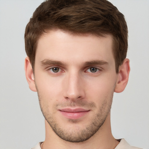 Neutral white young-adult male with short  brown hair and brown eyes