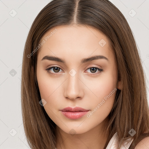 Neutral white young-adult female with long  brown hair and brown eyes