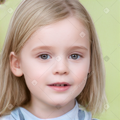 Neutral white child female with medium  brown hair and blue eyes