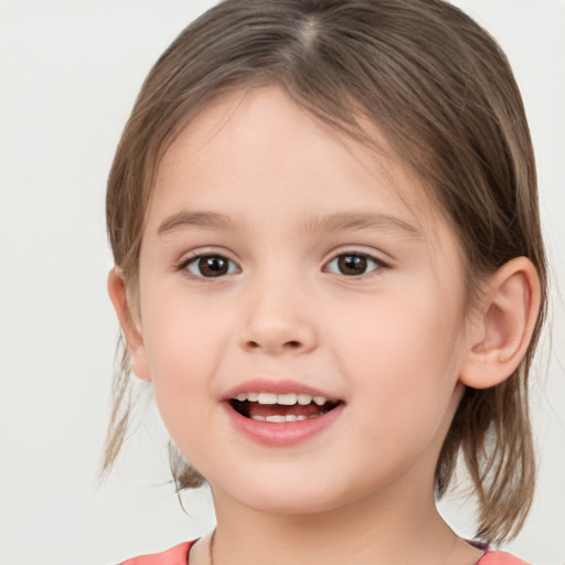 Joyful white child female with medium  brown hair and brown eyes