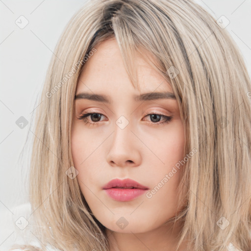 Neutral white young-adult female with long  brown hair and brown eyes