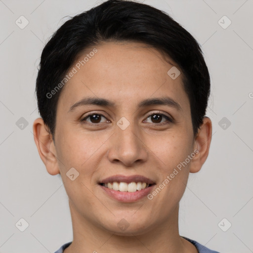 Joyful white young-adult female with short  brown hair and brown eyes