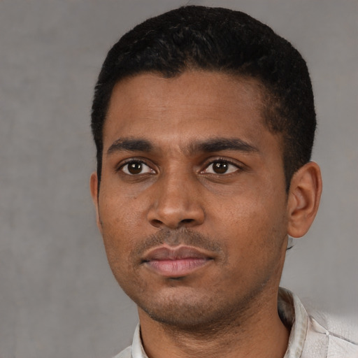 Neutral latino young-adult male with short  black hair and brown eyes