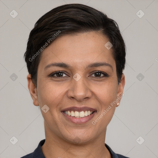 Joyful white young-adult female with short  brown hair and brown eyes