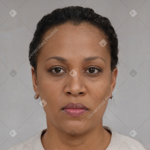 Neutral black young-adult female with short  brown hair and brown eyes