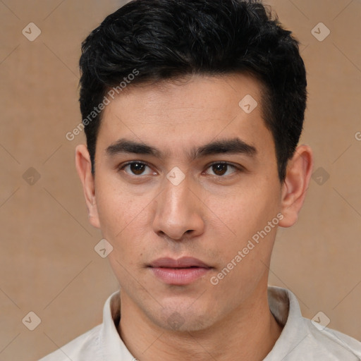 Neutral latino young-adult male with short  black hair and brown eyes